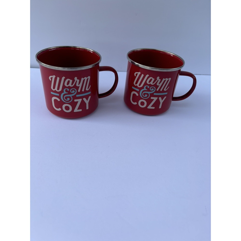 Harry and David Set two red enamel holiday Christmas mugs Warm & Cozy-Camping to